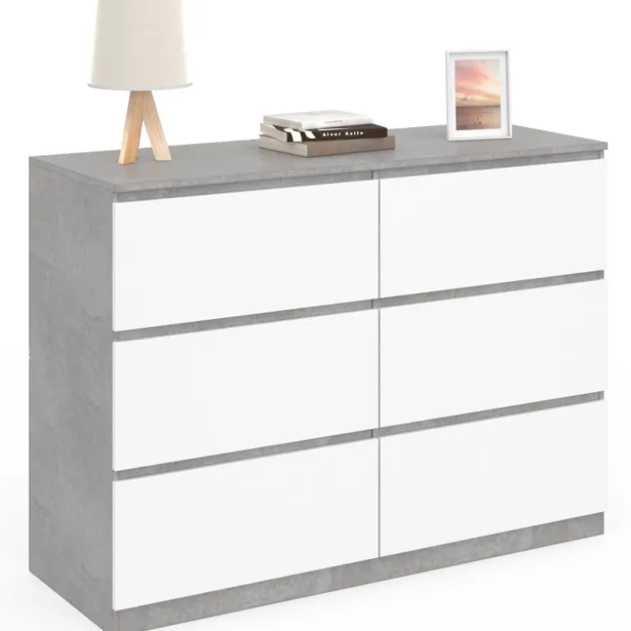 Commode 6 tiroirs blanche effet béton
