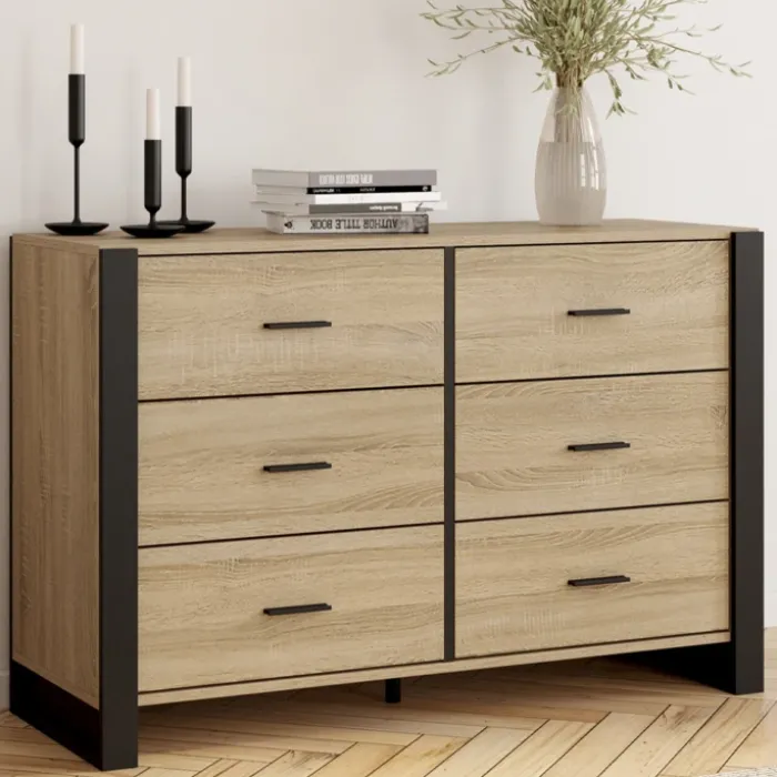 Commode 6 tiroirs bois et noir