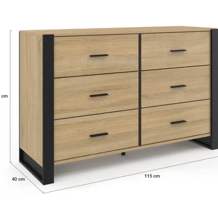 Commode 6 tiroirs bois et noir