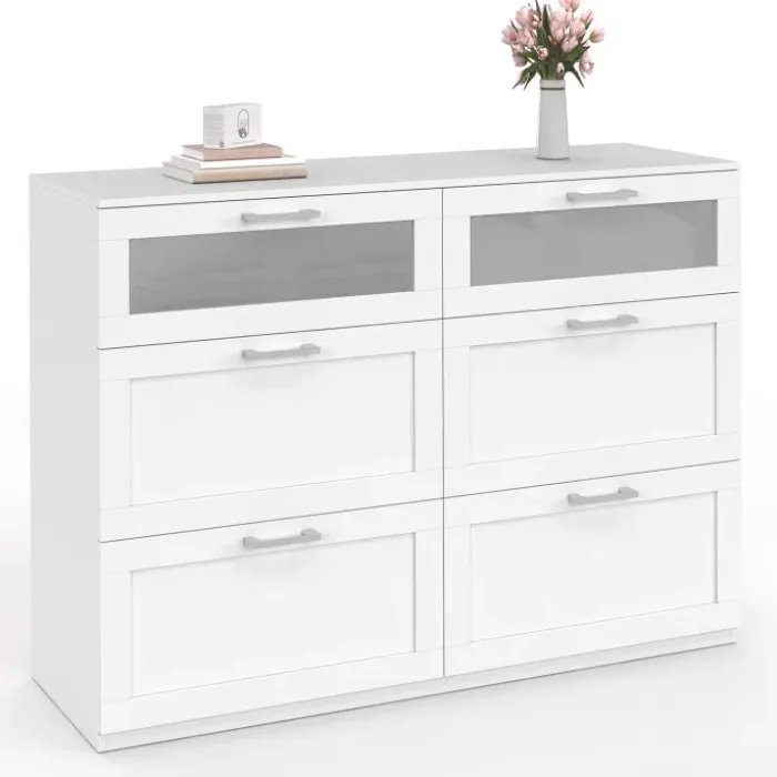 Commode 6 tiroirs bois et blanc effet givré
