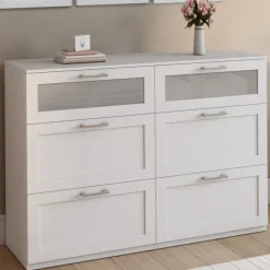 Commode 6 tiroirs bois et blanc effet givré