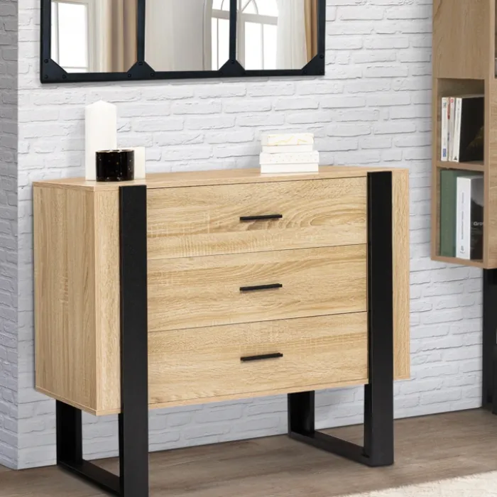 Commode 3 tiroirs design bois et pieds noir