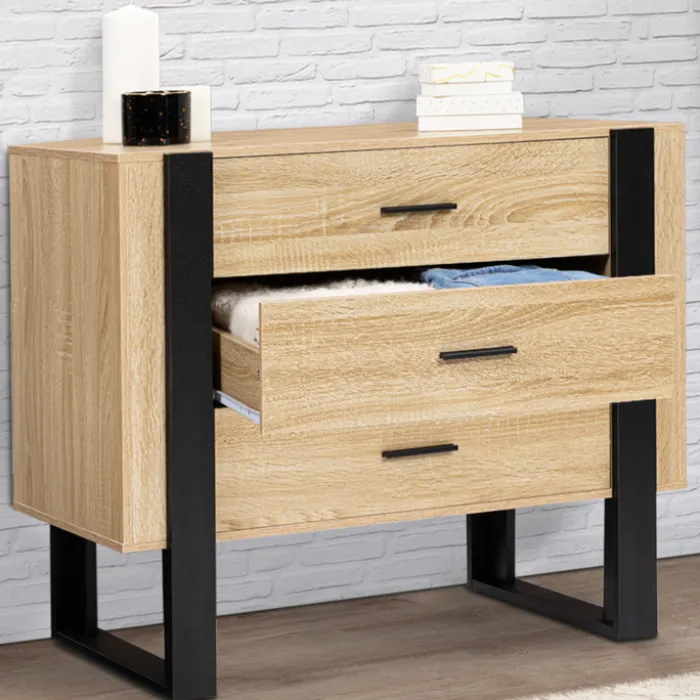 Commode 3 tiroirs design bois et pieds noir