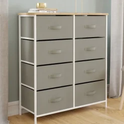 Commode 8 tiroirs en tissu gris clair et plateau effet bois