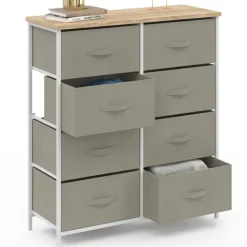 Commode 8 tiroirs en tissu gris clair et plateau effet bois