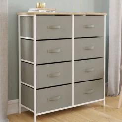 Commode 8 tiroirs en tissu gris clair et plateau effet bois