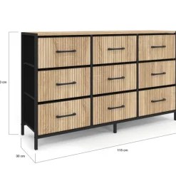 Commode 9 tiroirs en tissu 115 CM effet lattes, design industriel