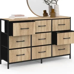 Commode 9 tiroirs en tissu 115 CM effet lattes, design industriel
