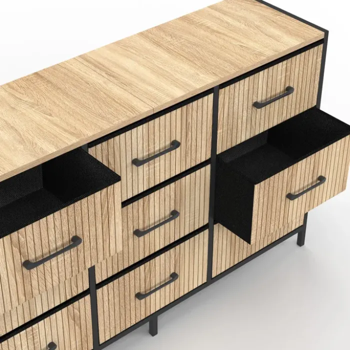 Commode 9 tiroirs en tissu 115 CM effet lattes, design industriel