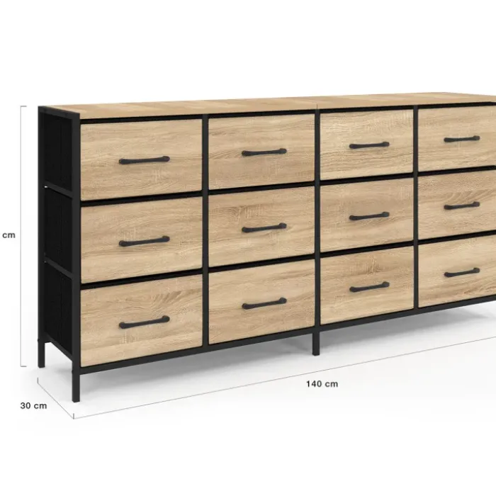 Commode 12 tiroirs en tissu de 140 cm design industriel bois et noir