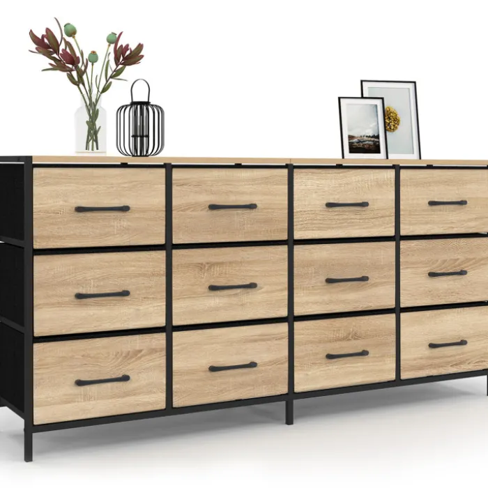 Commode 12 tiroirs en tissu de 140 cm design industriel bois et noir