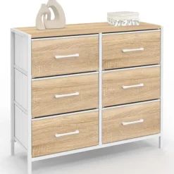 Commode 6 tiroirs en tissu 80 cm meuble de rangement design industriel bois et blanc