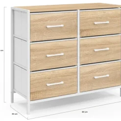 Commode 6 tiroirs en tissu 80 cm meuble de rangement design industriel bois et blanc
