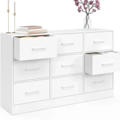 Commode 9 tiroirs en tissu 113 cm meuble de rangement bois blanc