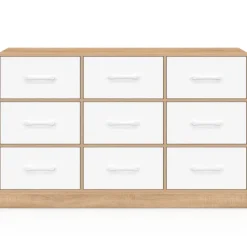 Commode 9 tiroirs en tissu 113 cm meuble de rangement bois façon hêtre et blanc