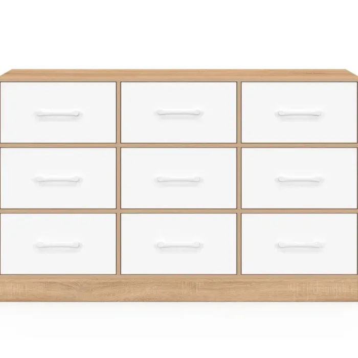 Commode 9 tiroirs en tissu 113 cm meuble de rangement bois façon hêtre et blanc