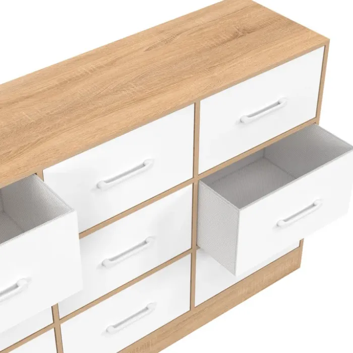 Commode 9 tiroirs en tissu 113 cm meuble de rangement bois façon hêtre et blanc