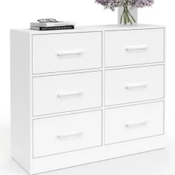 Commode 6 tiroirs en tissu 80 cm meuble de rangement bois blanc