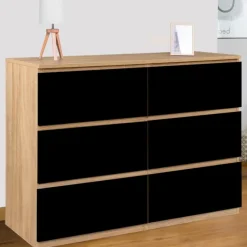 Commode 6 tiroirs noire et bois façon hêtre 110x80cm