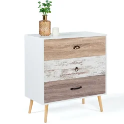 Commode blanche 3 tiroirs effet bois vieilli