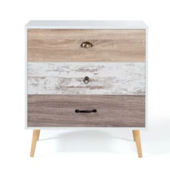 Commode blanche 3 tiroirs effet bois vieilli