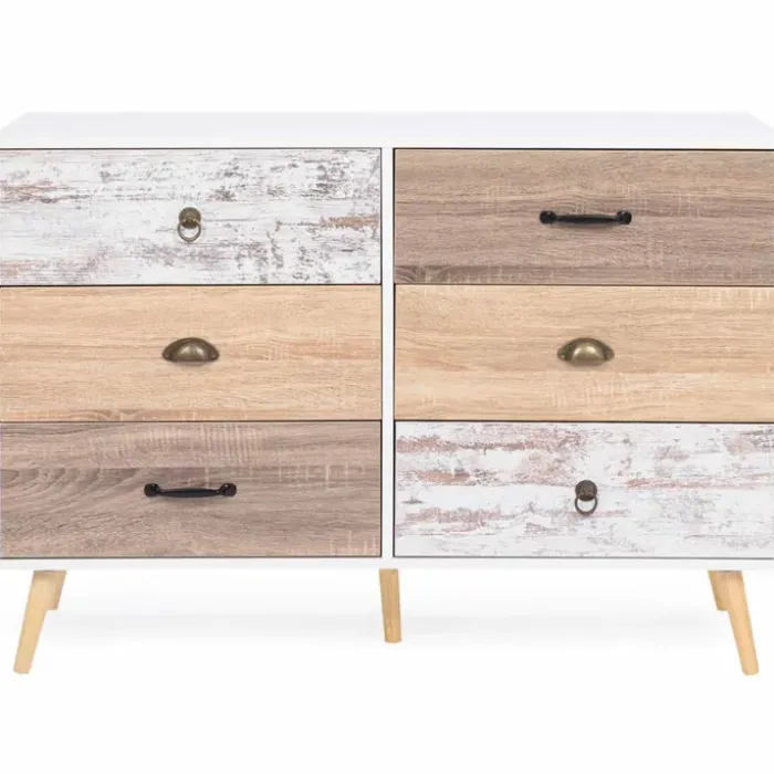 Commode blanche 6 tiroirs effet bois vieilli
