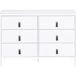 Commode blanche 6 tiroirs avec poignées effet cuir noir