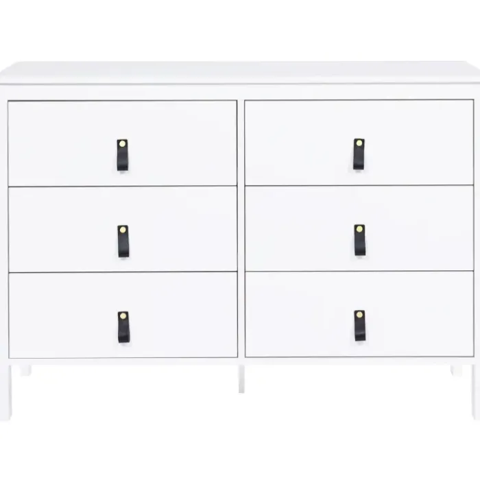 Commode blanche 6 tiroirs avec poignées effet cuir noir