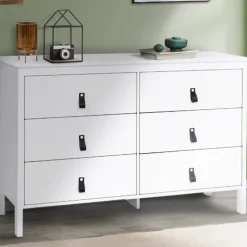 Commode blanche 6 tiroirs avec poignées effet cuir noir
