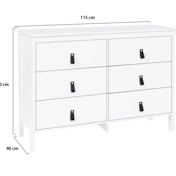 Commode blanche 6 tiroirs avec poignées effet cuir noir