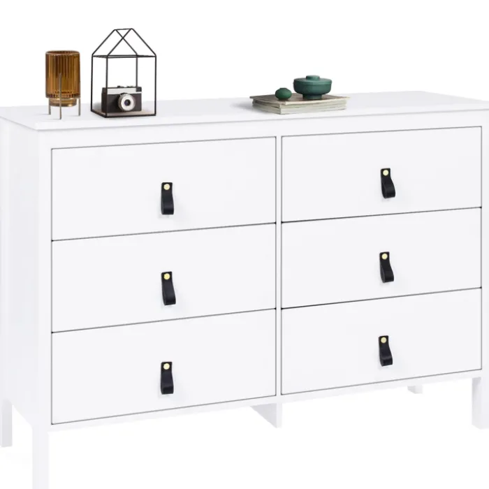 Commode blanche 6 tiroirs avec poignées effet cuir noir