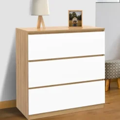 Commode bois façon hêtre et blanc 3 tiroirs 78 cm