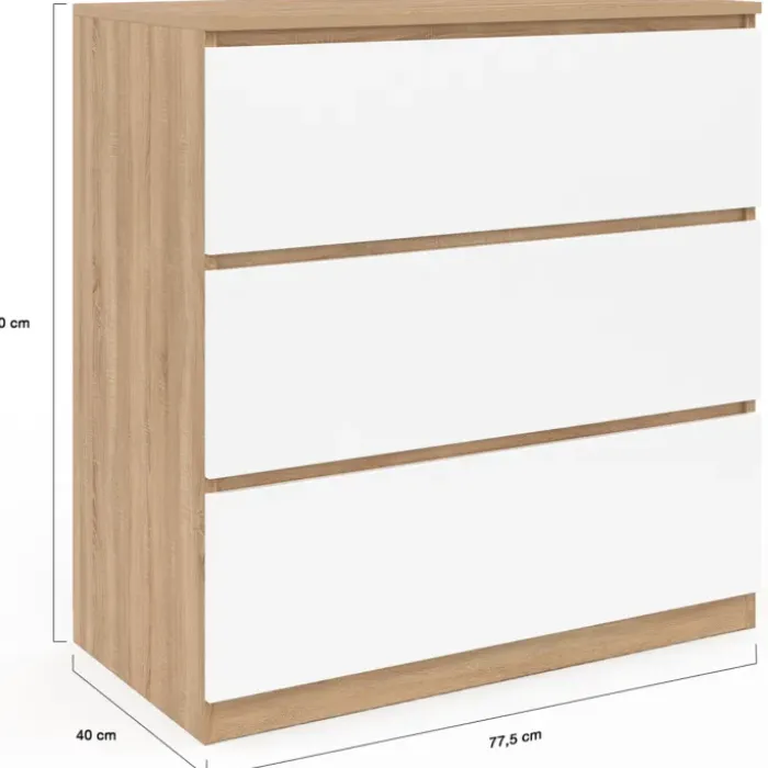 Commode bois façon hêtre et blanc 3 tiroirs 78 cm