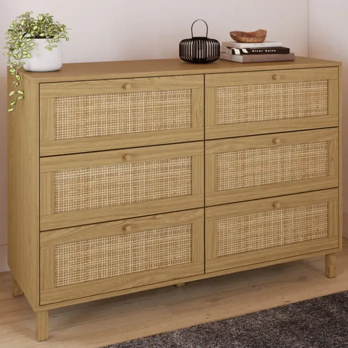 Commode cannage effet naturel avec 6 tiroirs