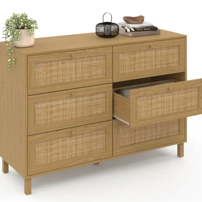 Commode cannage effet naturel avec 6 tiroirs