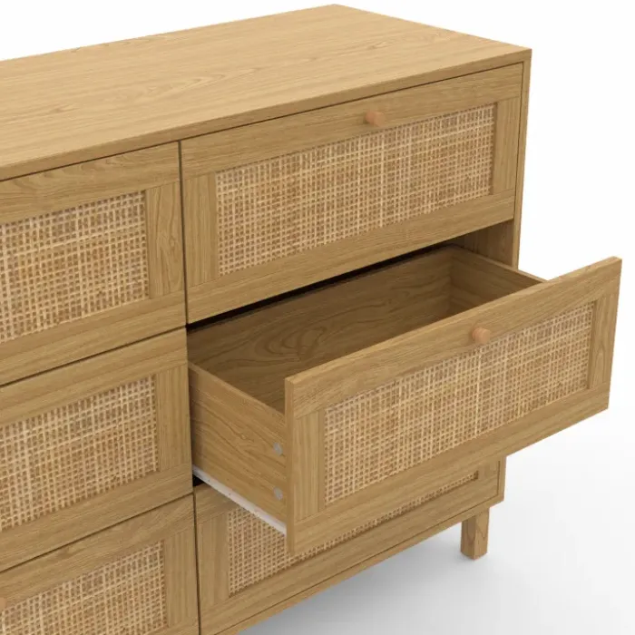 Commode cannage effet naturel avec 6 tiroirs