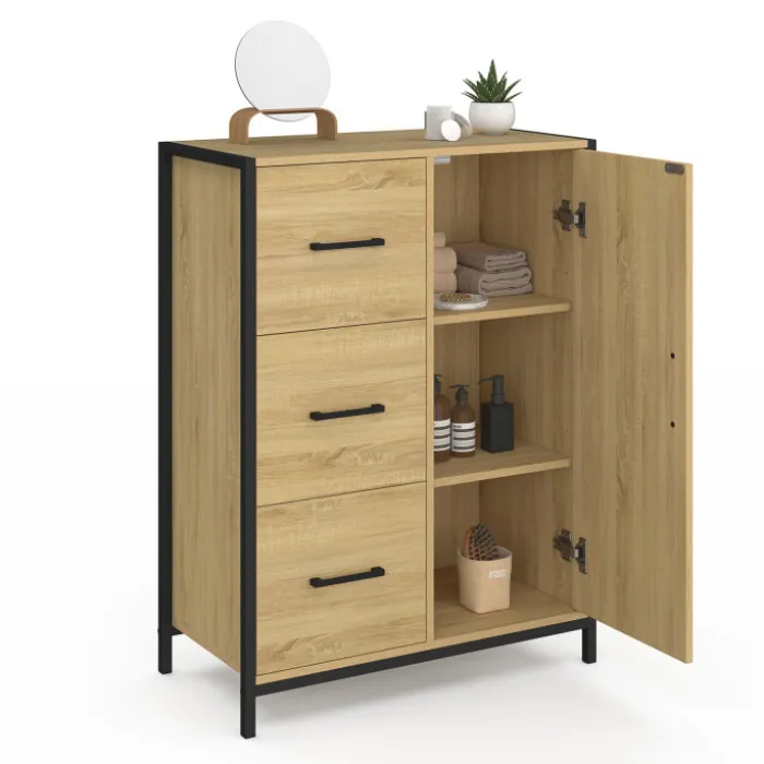 Commode de rangement salle de bain design industriel 3 tiroirs 1 placard