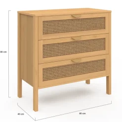 Commode en bois 3 tiroirs cannage 80 cm