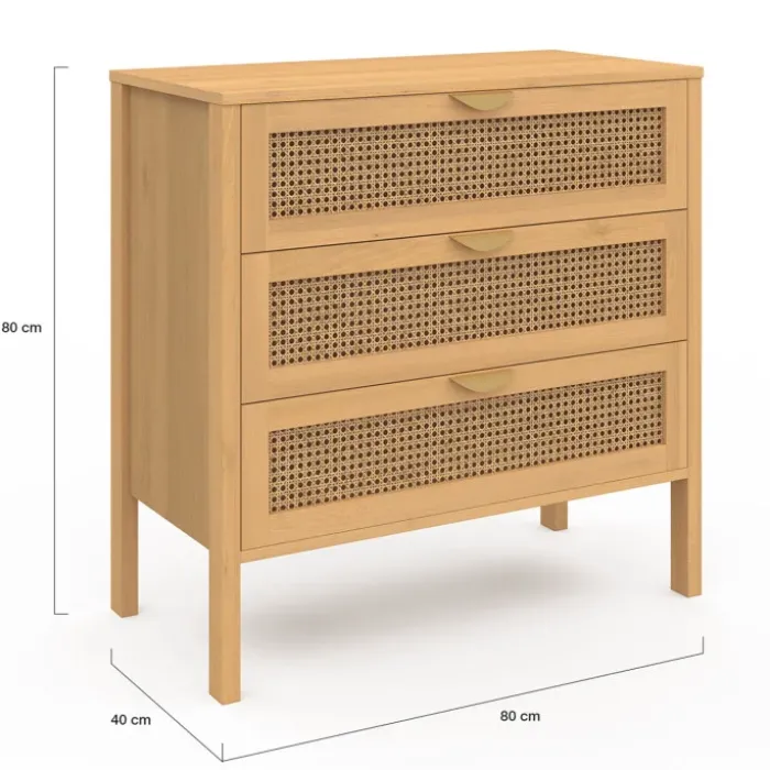 Commode en bois 3 tiroirs cannage 80 cm