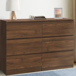 Commode en bois effet noyer avec 6 tiroirs 110 cm