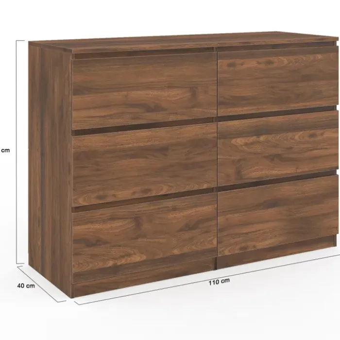 Commode en bois effet noyer avec 6 tiroirs 110 cm