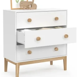 Commode enfant 3 tiroirs blanc et bois façon hêtre look scandinave