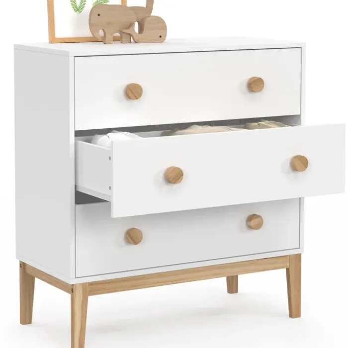 Commode enfant 3 tiroirs blanc et bois façon hêtre look scandinave