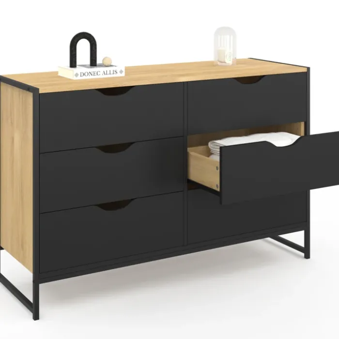 Commode industrielle avec 6 tiroirs bois et noir