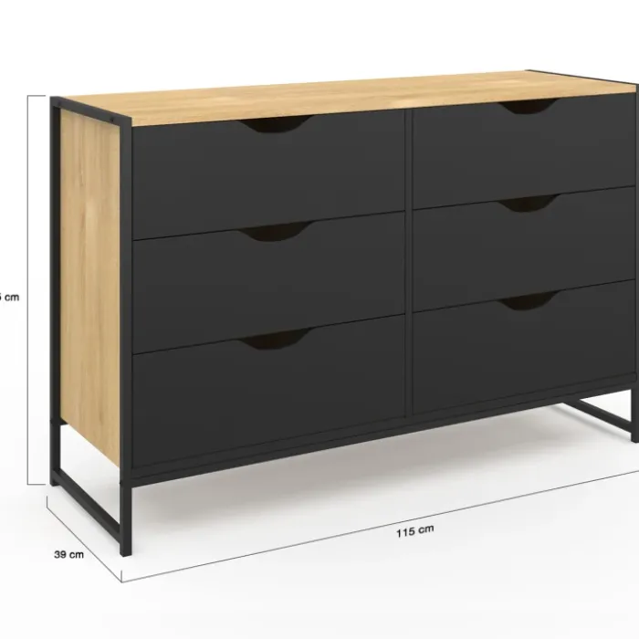 Commode industrielle avec 6 tiroirs bois et noir
