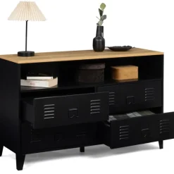Commode industrielle portes en métal noir avec 4 tiroirs