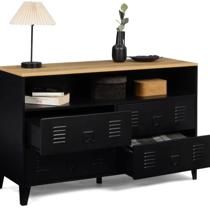 Commode industrielle portes en métal noir avec 4 tiroirs