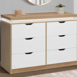Commode LED blanche et plateau bois 6 tiroirs