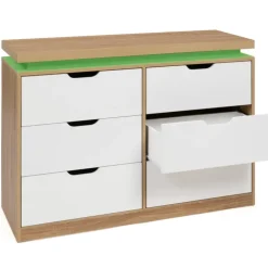 Commode LED blanche et plateau bois 6 tiroirs
