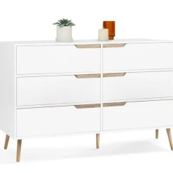 Commode scandinave 6 tiroirs blanche avec pieds en bois